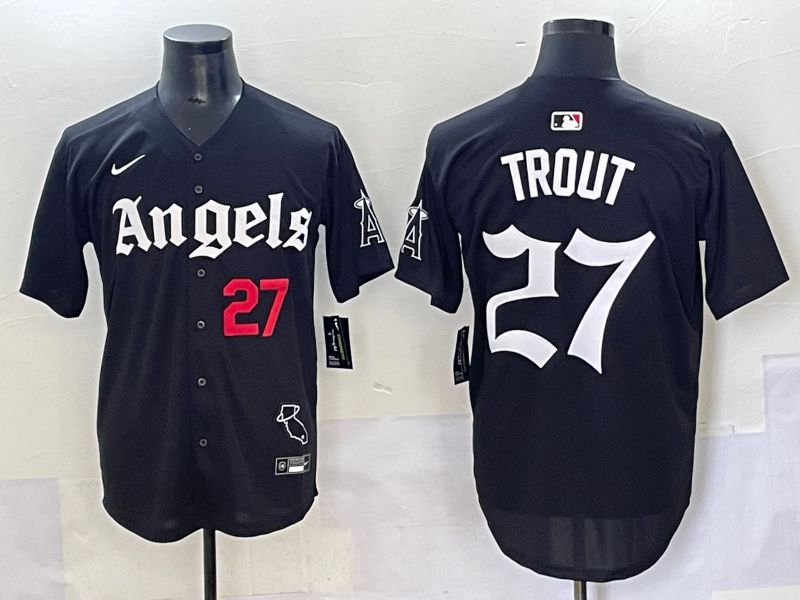 Men 2025 Los Angeles Angels #27 Trout Black Five generations Joint Name Nike MLB Jersey style 5